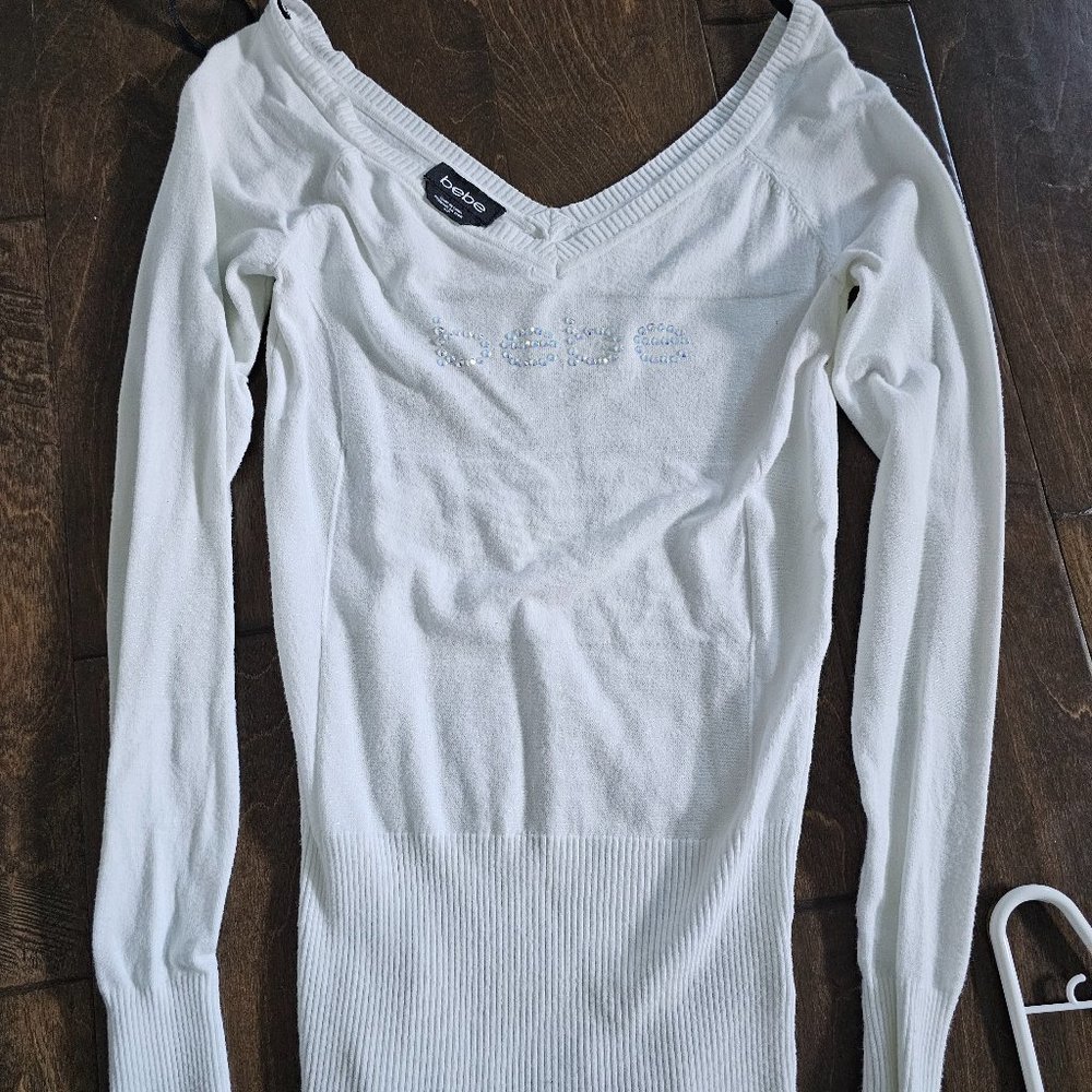Bebe shimmer & rhinestones white sweater